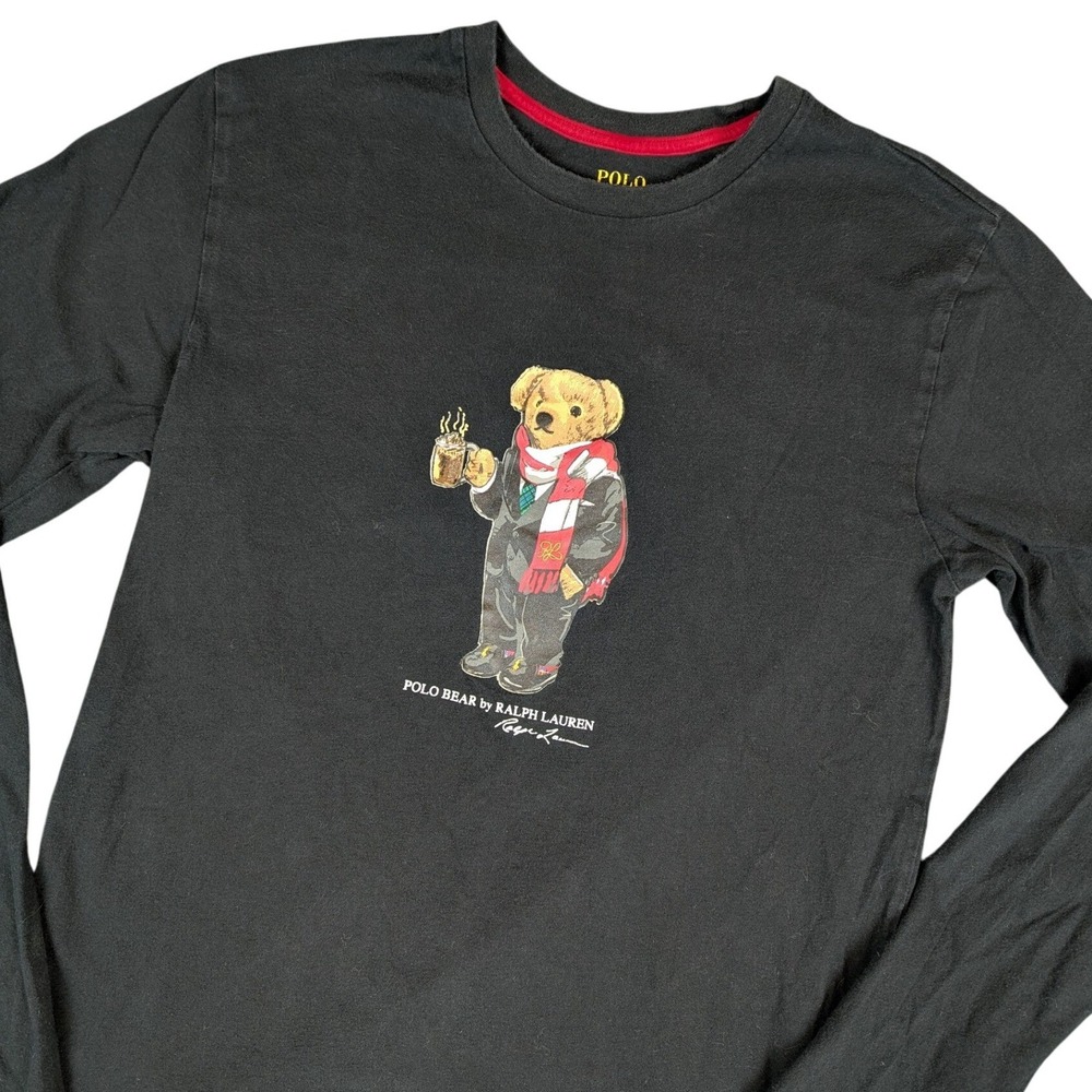 Polo Ralph Lauren Polo Bear Black Long Sleeve T-Shirt Mens Small Cotton Graphic